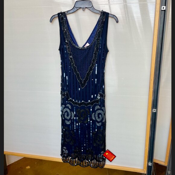 1920s Flapper Party Midnight Blue and Black Beaded Dress - Picture 1 of 4